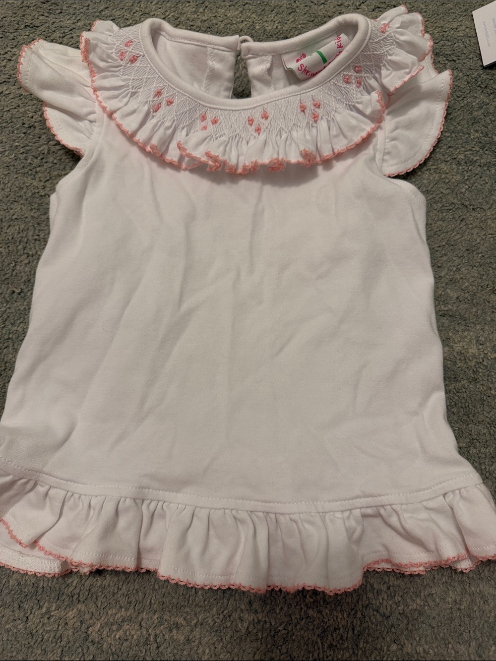 Girls White Ruffle Tank Top with Pink Trim - Smocked Collar